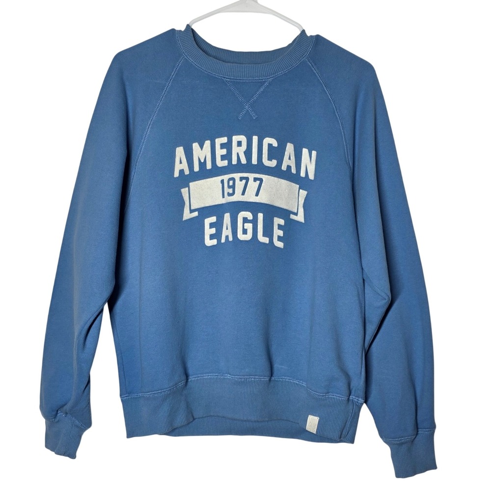 American Eagle 1977 Graphic Sweatshirt Blue Raglan Fleece Crewneck XS
